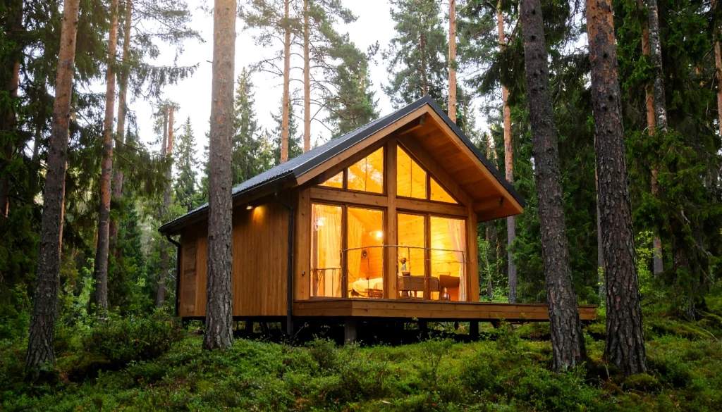 Cabin in the forest at dusk
