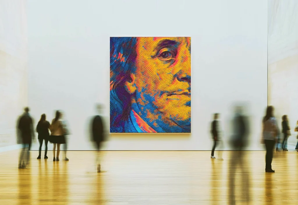 Colorful portrait artwork in a gallery