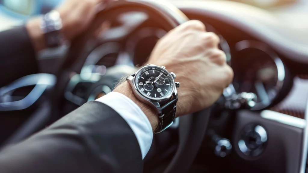 Wristwatch on a driver’s wrist