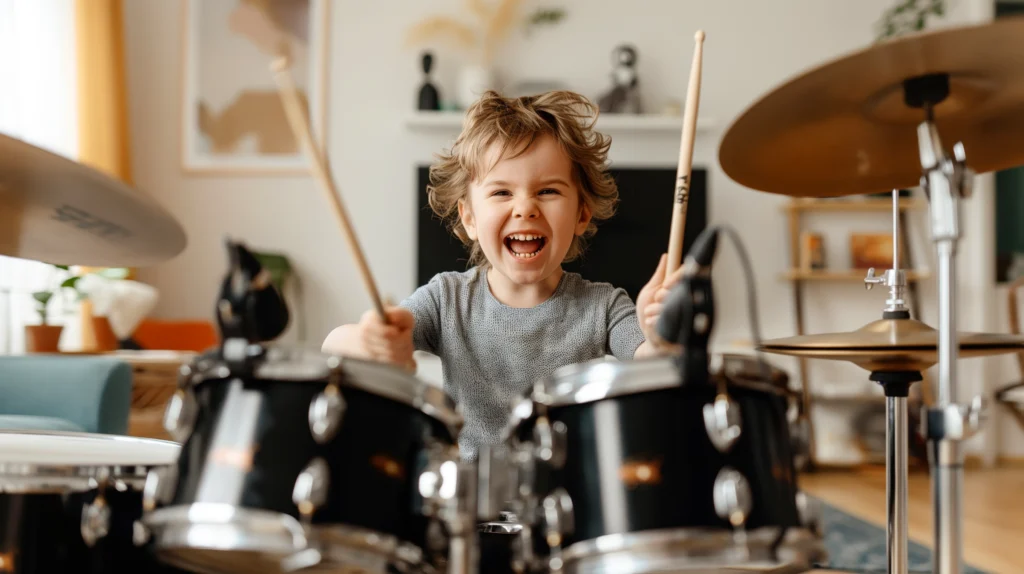 Laughing child playing the drums